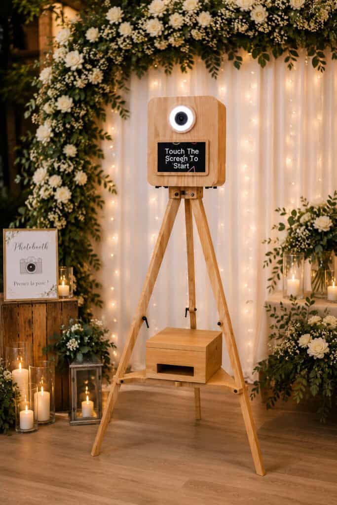 Photobooth en chêne Kool-Chêne décoré d'une arche florale pour un mariage