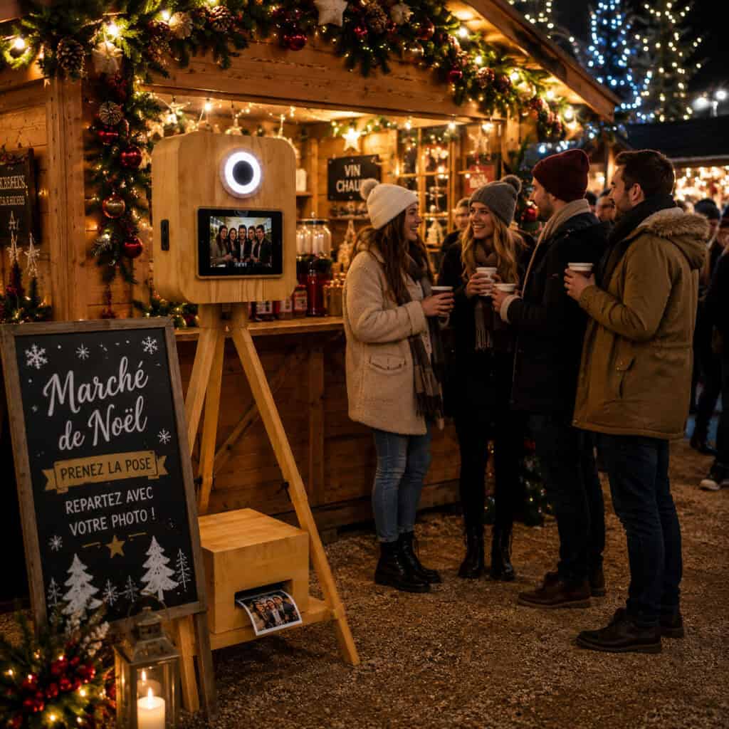 Photobooth en chêne massif Kool-Chêne sur un marché de Noël