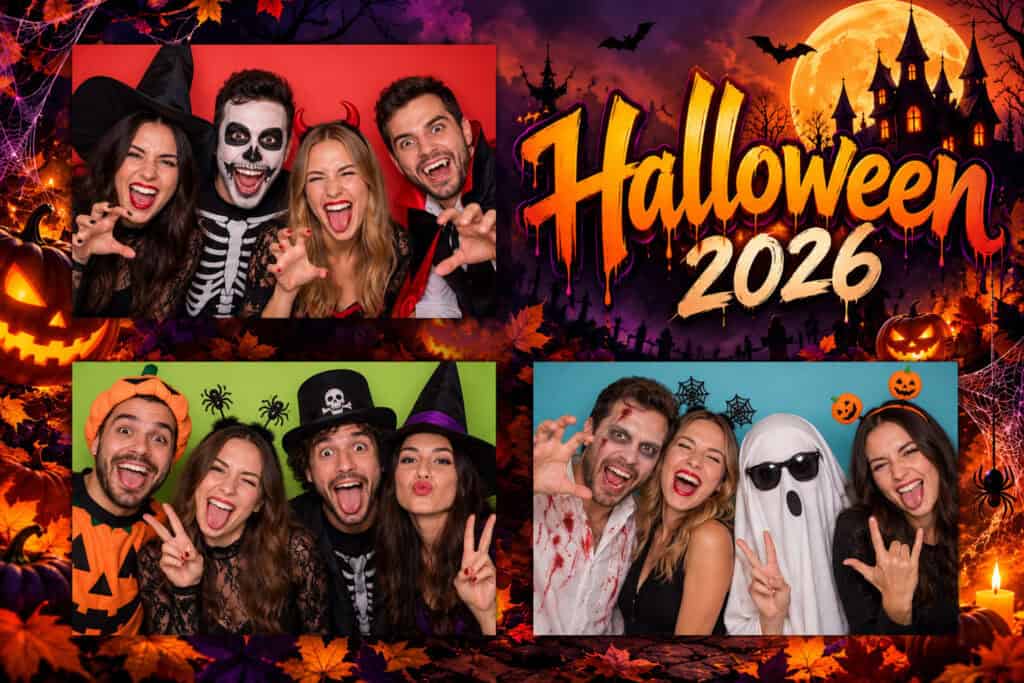 Template photobooth Halloween au format photo 10 x 15 cm : trois photos d'invités déguisés et le titre Halloween, sur un décor de pleine lune et de citrouilles