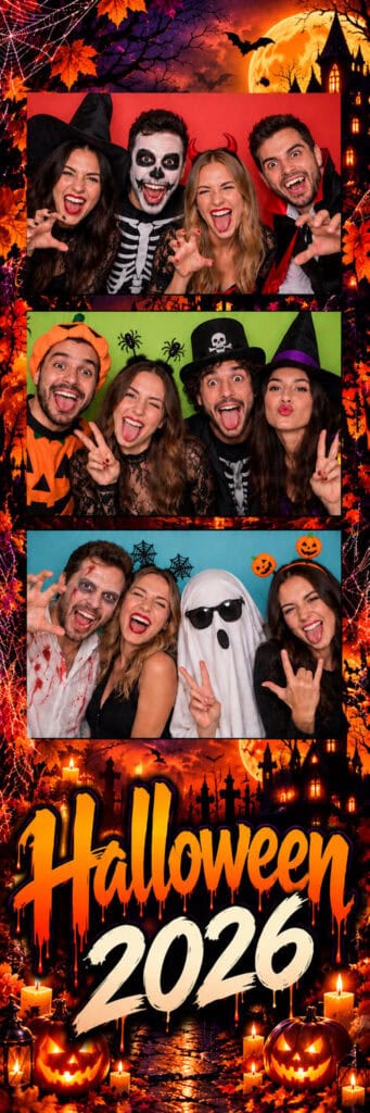 Template photobooth Halloween au format photomaton 5 x 15 cm : trois photos d'invités costumés en sorcière, squelette et fantôme, sur un décor de citrouilles et de château hanté