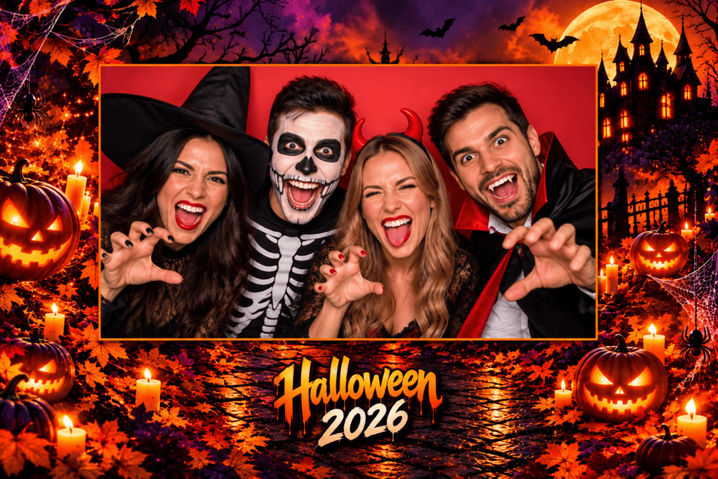 Template photobooth Halloween 2026 au format photo 10 x 15 cm : quatre invités costumés en sorcière, squelette, diablesse et vampire, dans un cadre de citrouilles, bougies et chauves-souris