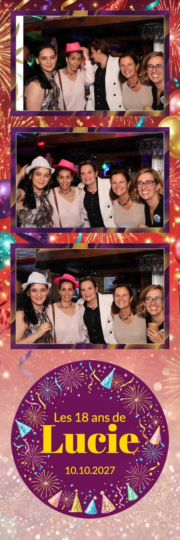 Tirage photobooth d anniversaire personnalise : trois photos d invitees, decor colore, prenom et date