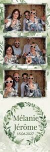 Tirage photobooth de mariage personnalise : trois photos d invites, decor vegetal aquarelle, prenoms et date