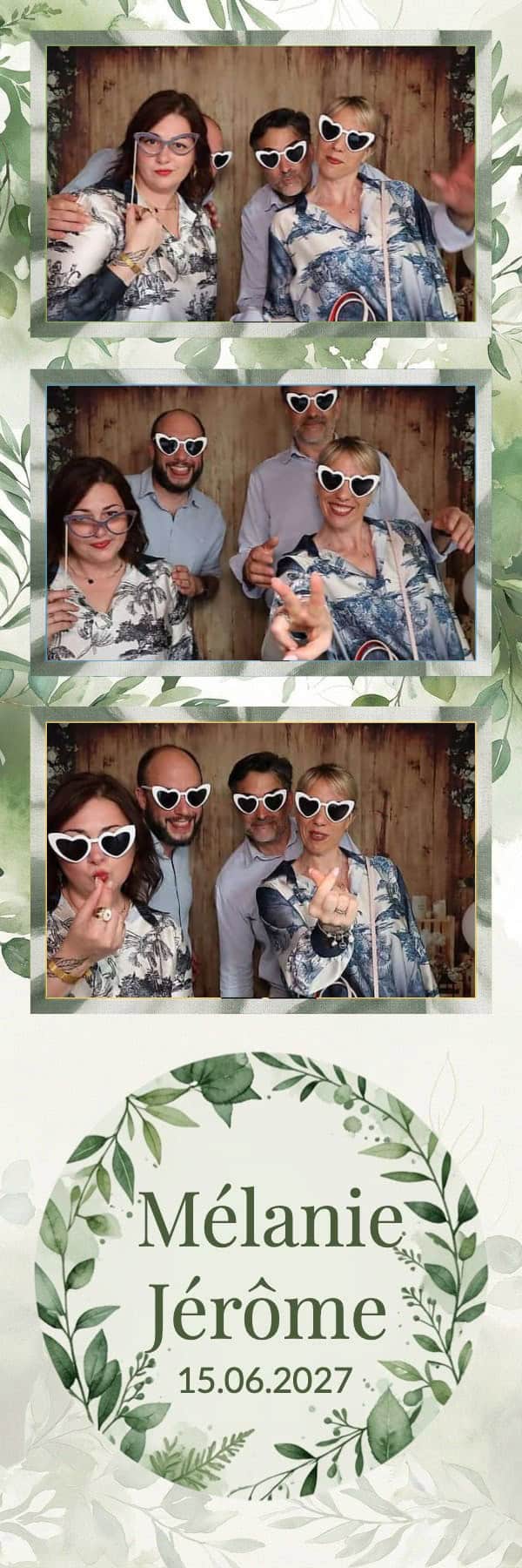 Tirage photobooth de mariage personnalise : trois photos d invites, decor vegetal aquarelle, prenoms et date