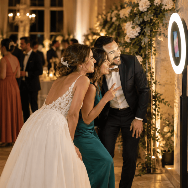 Des invités de mariage posent devant la borne selfie La Rondouillette